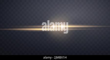 Gold horizontal lens flare. Sun flash with rays or gold spotlight and bokeh. Yellow glow flare light effect. Vector illustration. Stock Vector