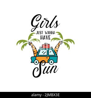 Vector design of car and palms with funny quote on white background Stock Vector