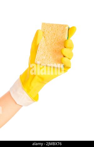 Woman hand holding a cleaning sponge isolated on white Stock Photo