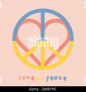 Peace sign with Ukrainian flag vector poster. Concept of peace in Ukraine. Illustration "Peace and love". Save Ukraine, no war. Ye;;ow and blue colors. Stock Vector
