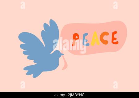 Blue dove of Peace. Dove with ribbon. Save Ukraine, no war. Vector illustration, flat design. Stock Vector