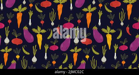 Lovely hand drawn vegetables seamless pattern, healthy doodle background with carrots, eggplants, onions - vector design Stock Vector