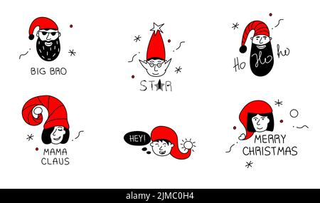 Set of avatars with head, face elf and Santa Claus character portrait and lettering Merry Christmas, STAR, Hey, BIG BRO, HO ho ho, MAMA Claus. The Stock Vector