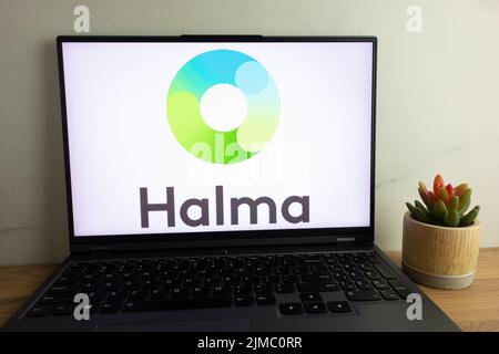 KONSKIE, POLAND - August 04, 2022: Halma plc British global group of safety equipment companies logo displayed on laptop computer screen Stock Photo