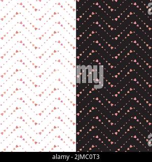 Geometrical chevron seamless pattern. Bright colored zigzag line, pink hearts, festive decorative heart shapes. Transparent background. Vector Stock Vector