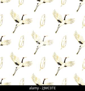 Decorative kimono floral motif background pattern with crane and flowers vector illustration Stock Vector