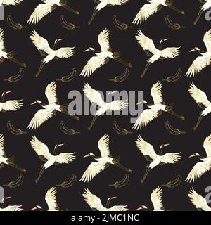 Decorative kimono floral motif background pattern with crane and flowers vector illustration Stock Vector