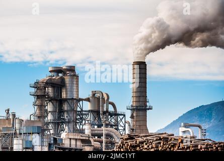 Chemical plant for the processing of chipboard and smokestack of a furniture factory Stock Photo