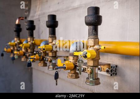 Gas pipe and valve with lock. Stock Photo