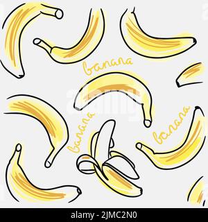 Banana. Seamless pattern of banana doodles with handwritten letters. repeating background. fruit print. cute cartoon style. fashion illustration Stock Vector