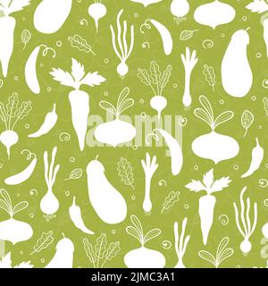 Lovely hand drawn vegetables seamless pattern, healthy doodle background with carrots, eggplants, onions - vector design Stock Vector