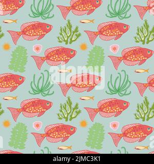 Underwater sea world seamless pattern. Red fishes and green sea weed on light blue background. Stock Vector