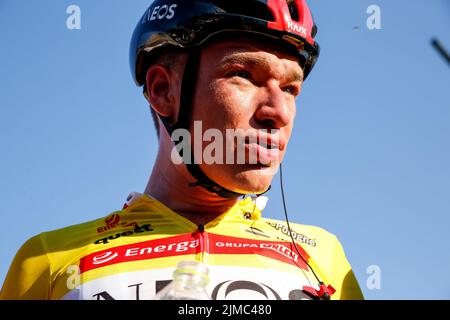 Krakow, Poland. 05th Aug, 2022. HAYTER Ethan from the United Kingdom of INEOS Grenadiers team rests at Blonia Park in Krakow after winning the general classification after the final 7th day of the 79. Tour de Pologne UCI World Tour in Krakow, Poland on August 5, 2022. (Photo by Dominika Zarzycka/Sipa USA) Credit: Sipa USA/Alamy Live News Stock Photo