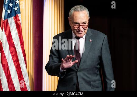 Washington, United States. 05th Aug, 2022. Senate Majority Leader Chuck Schumer (D-NY) speaks about the Inflation Reduction Act. Credit: SOPA Images Limited/Alamy Live News Stock Photo