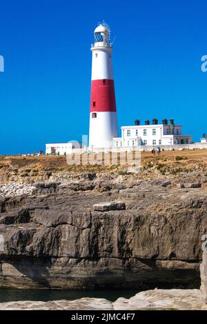 Red and white painted Portland Bill Lighthouse on the Isle of Portland, just south of Weymouth in the county of Dorset United Kingdom Stock Photo