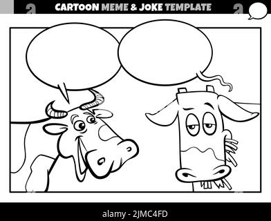 black and white cartoon illustration of meme template with blank comic speech balloon and two funny cows Stock Vector