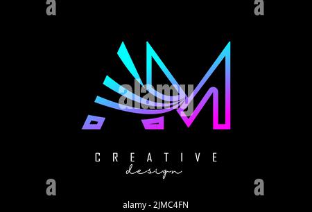 Outline colorful leading lines letters AM a m logo with road concept design. Letters with geometric and negative space design. Vector Illustration wit Stock Vector
