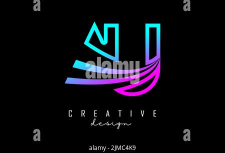Outline colorful leading lines letters AU a u logo with road concept design. Letters with geometric and negative space design. Vector Illustration wit Stock Vector