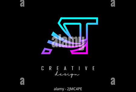 Outline colorful leading lines letters AT a t logo with road concept design. Letters with geometric and negative space design. Vector Illustration wit Stock Vector