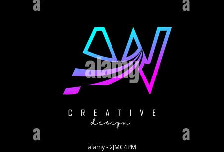 Outline colorful leading lines letters AW a w logo with road concept design. Letters with geometric and negative space design. Vector Illustration wit Stock Vector