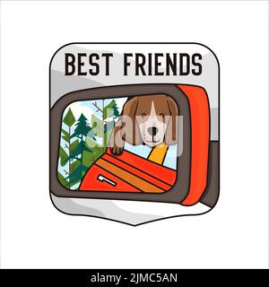 Vector illustration of text Best Friends and cute dog reflecting in side view mirror of automobile for concept of road trip with animals Stock Vector