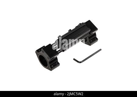 Quick disconnect mount made for holding a scope on a rifle isolated on white background. Quick Release Sniper Cantilever Scope Mount. Stock Photo