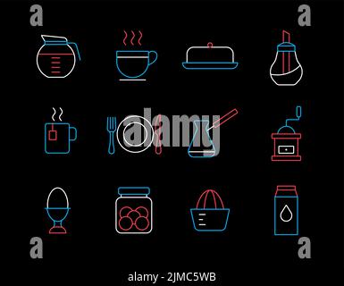 Breakfast and kitchen vector isolated on the black icon set. Graph symbol for cooking web site and apps design, logo, app, UI Stock Vector