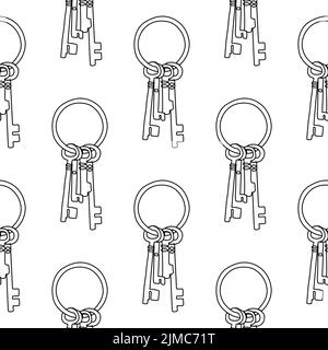 Key ring seamless pattern. Minimalist continuous line antique keys background. Vector illustration for security concept Stock Vector