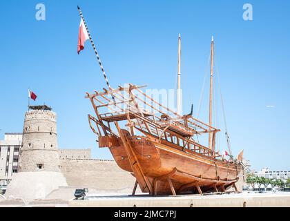 Arabic Dhow in Dubai historical museum. Stock Photo