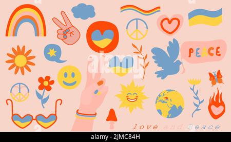 Cartoon psychedelic landscape with mushrooms and flowers, vintage funky print vector set.Composition in retro colors. 70s groovy posters, retro print Stock Vector