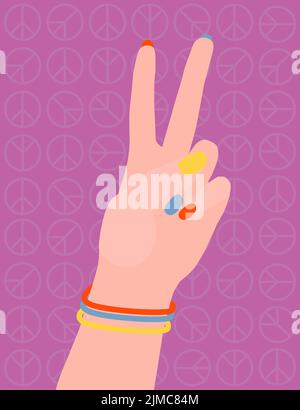 Hand showing two fingers. Peace Day. Retro vintage illustration isolated on pacific background. 70s groovy posters, retro print with hippie elements. Stock Vector