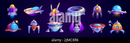 Alien spaceship game icons vector set. Funny rockets, ufo shuttles cartoon collection illustrations isolated on white background. Fantasy cosmic objects, computer game graphic design elements Stock Vector