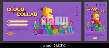 Cloud collaboration, teamwork landing page, app ui ux mobile app onboard screen template. Contemporary characters connect puzzle pircrs, information virtual storage concept, Cartoon vector web banner Stock Vector