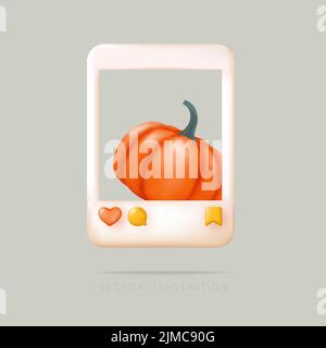 Social media photo frame with 3D pumpkin. Vector illustration in minimal 3D style Stock Vector
