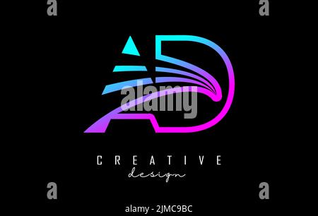 Outline colorful leading lines letters AD a d logo with road concept design. Letters with geometric and negative space design. Vector Illustration wit Stock Vector