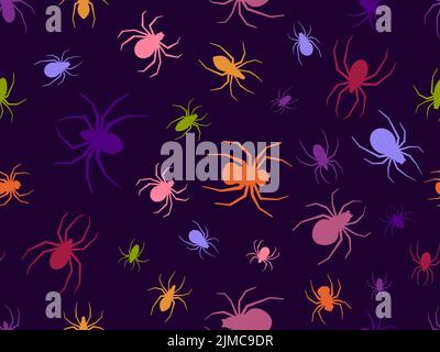 Colored spiders seamless pattern. Background for Halloween with spiders of different shapes and sizes. Design for print, banners and posters. Vector i Stock Vector