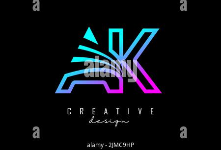 Outline colorful leading lines letters AK a k logo with road concept design. Letters with geometric and negative space design. Vector Illustration wit Stock Vector