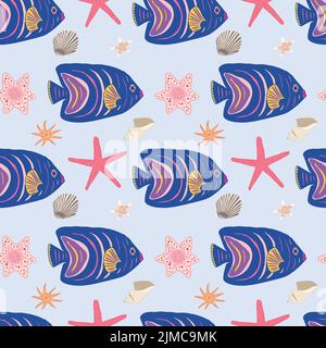 Underwater sea world seamless pattern. Dark blue fishes, red stars and shells on light blue background. Stock Vector