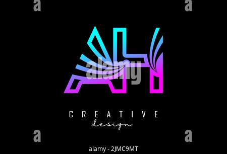 Outline colorful leading lines letters AH a h logo with road concept design. Letters with geometric and negative space design. Vector Illustration wit Stock Vector