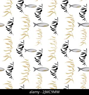 Fish and sea weed seamless pattern in black, white and gold colours. Stock Vector