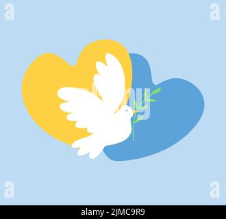 The symbol of peace is a white dove with a olive branch. Bird on heart ukranian color flag cartoon illustration. Peace in Ukraine. No war, save Ukrain Stock Vector