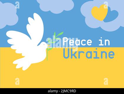 The symbol of peace is a white dove with a olive branch. Peace in Ukraine. Dove cartoon illustration. No war, save Ukraine. Stock Vector