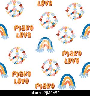 Love heart, peace symbol, rainbow retro 70s seamless pattern. Scattered heart shapes on a swirling background. groovy design in the style of the seven Stock Vector