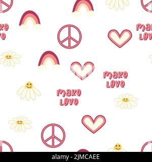 Love heart, peace symbol, rainbow retro 70s seamless pattern. Scattered heart shapes on a swirling background. groovy design in the style of the seven Stock Vector
