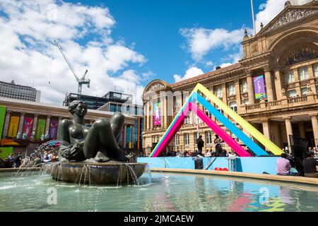 Birmingham's famous Floozie in the Jacuzzi, The River by artist Dhruva Mistry and fountains during the Commonwealth Games in Birmingham 202, UK Stock Photo