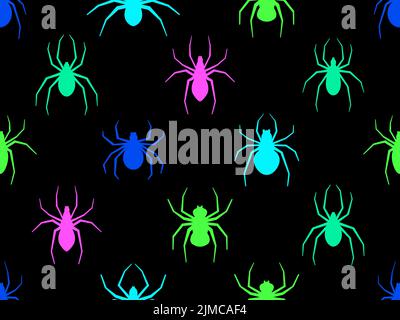 Colored spiders seamless pattern. Background for Halloween with spiders of different shapes and sizes. Design for print, banners and posters. Vector i Stock Vector