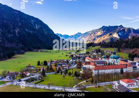 Aerial view, Benedictine abbey Ettal monastery, Ettal, Oberammergau, Bavaria, Germany Stock Photo