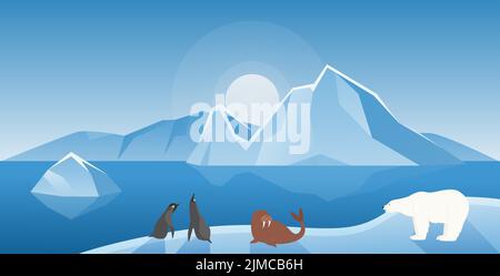 Arctic or Antarctica winter landscape with cute animals vector illustration. Cartoon funny polar bear, penguins and walrus floating on ice floe background. North and South Pole abstract nature concept Stock Vector