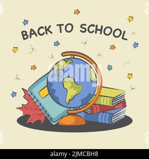 back to school background composition from globe notebook and books Stock Vector