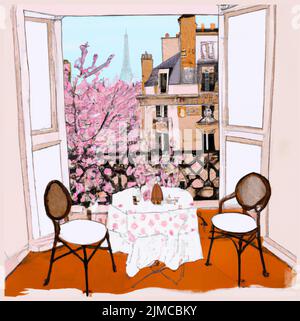 Paris, France window opened on the Eiffel tower in springtime - vector illustration (Ideal for printing, poster or wallpaper, house decoration) Stock Vector